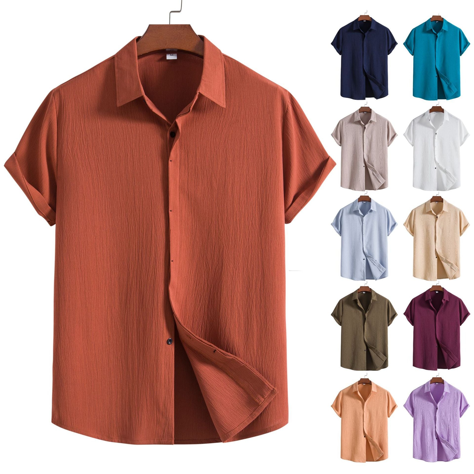 Cross-border 2025 Summer New Men's Short-sleeved Shirt Loose Solid Color Button Short-sleeved Shirt Men's Short-sleeved Shirt